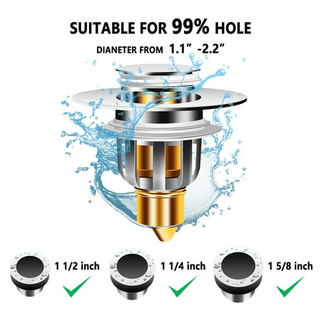 

U.S. Universal Sink Plugs WeGuard 304 Stainless Steel Bullet Core Push Type Sink Stopper Built in Anti-Clogging Strainer for Bathroom