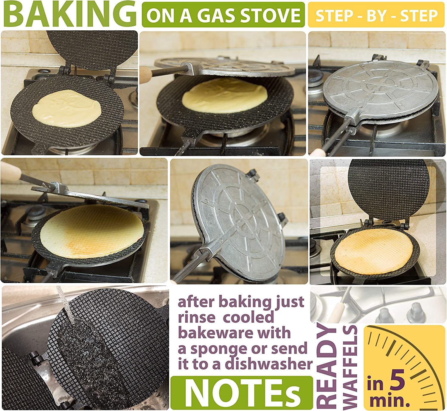 Round Waffle Maker with Nonstick Granite Coating - 8 Inch Electric Stove Compatible Krumkake Iron for Homemade Waffles and Ice Cream Cones