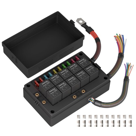DaierTek Relay Box 12V 10 Way Relay Block and 10 Way ATC/ATO Blade Fuse Panel Pre-Wired Dustproof Fuse Relay Box for Automotive Car Marine Boat