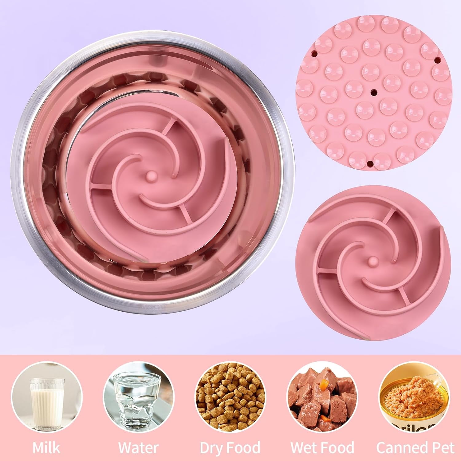 Slow Feeder Dog Bowls Insert,  Soft Silicone Slow Eating Feeder Insert with Suction Cups for Small, Medium and Large Dogs, Fit into Basic and Elevated Dog Bowls, Pink Pink,S