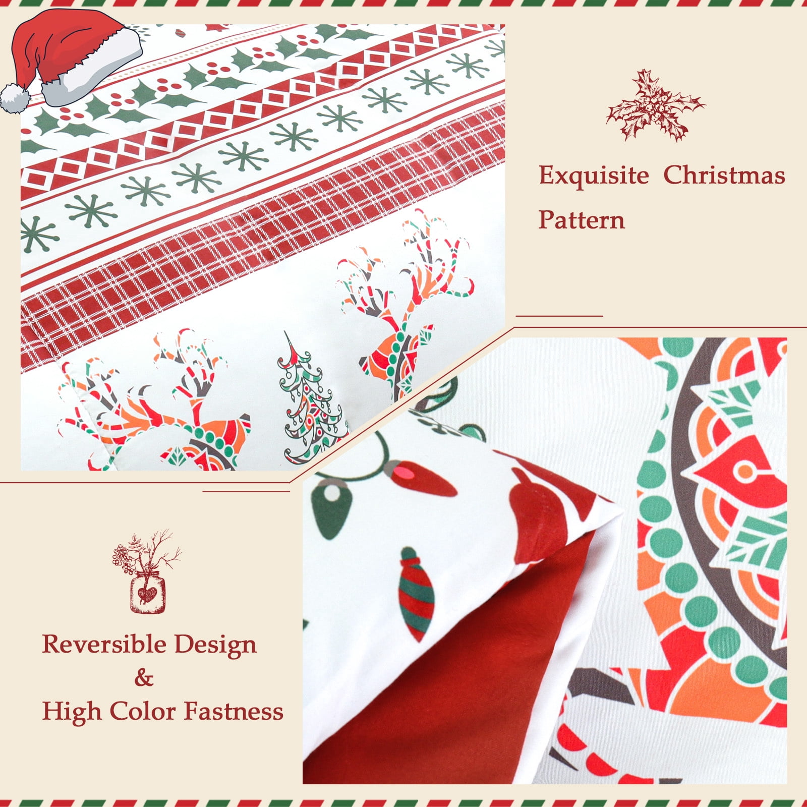 Exclusivo Mezcla Christmas Twin Size Comforter Set, 2 Pieces Reversible Rust Red Striped Bedding Comforters, Printed Flowers Reindeer Pattern