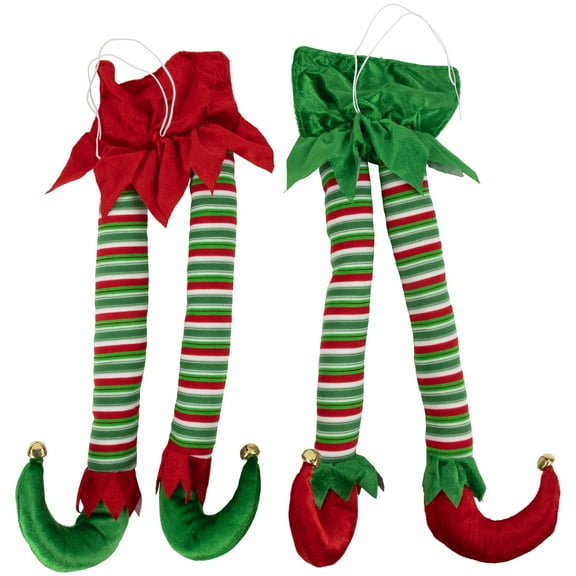 Northlight Striped Plush Elf Legs Christmas Decorations - 19" - Red and Green - Set of 2