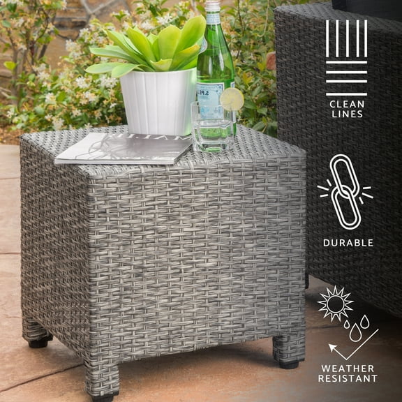 GDF Studio Venice Outdoor Wicker Side Table, Mixed Black