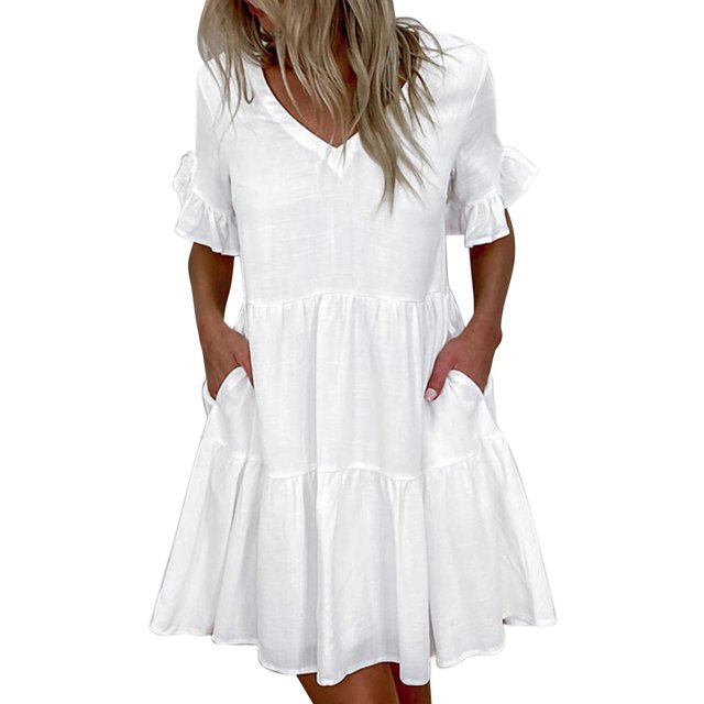 asddcavvf Robes pour Femmes Robe d'Été Col en V Mode Manches Courtes Plissée Mini Jupe