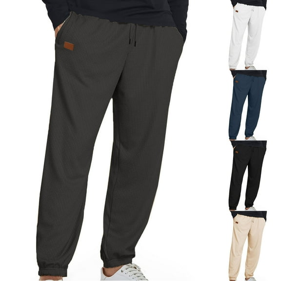 XUNKUSGA Men's Pants Waffle Knit Solid Color Casual Trousers for Men Lightweight Casual Drawstring Elastic Waist Tapered Joggers Pants with Pockets S-3XL Brown