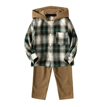 

Baby Boys Shirt Jacket Plaid Long Sleeve Hooded Fall Coat Outwear Solid Pants Trousers Outfit Set 2PCS