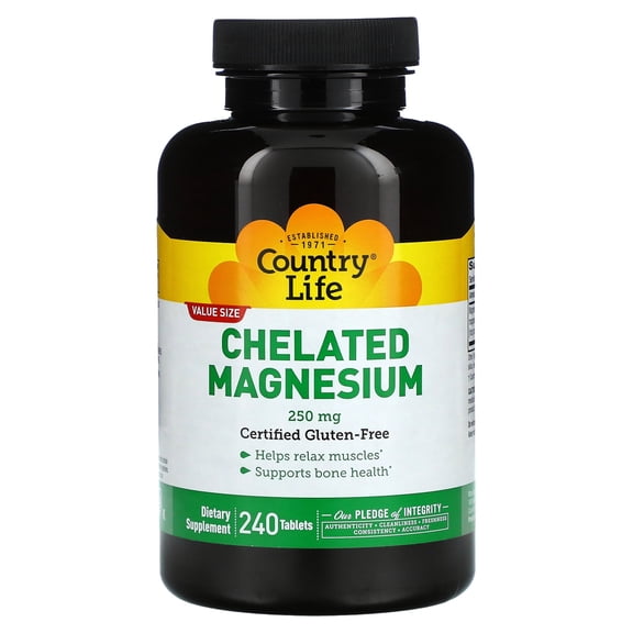 Country Life, Chelated Magnesium 250mg, Supports Bone and Immune Health, Daily Supplement, 240 ct