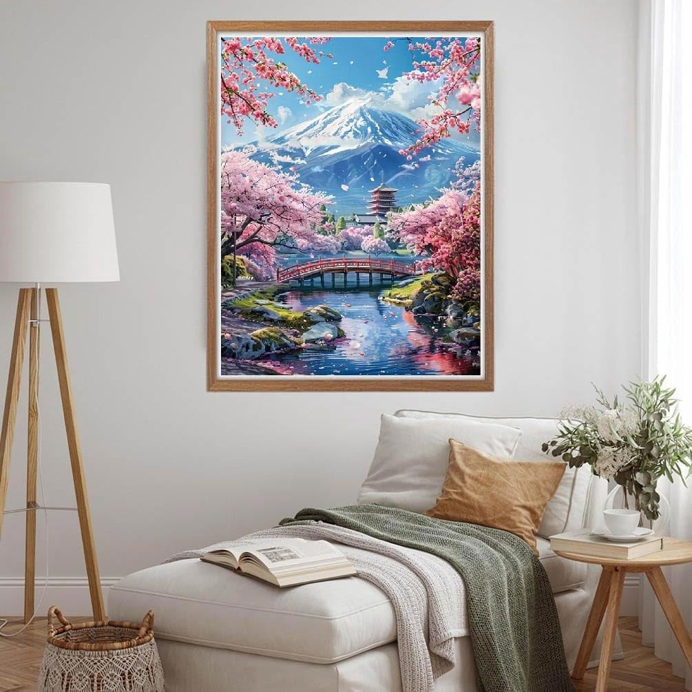 5D Mount Fuji Diamond Painting Kits for Adult, Mountain Sakura Diamond Art Kits for Beginners, DIY Full Drill Floral Diamond Dot Gem Art Kits for Home Decor 16x20 Inch Cherry(40*50cm,  No Frame)