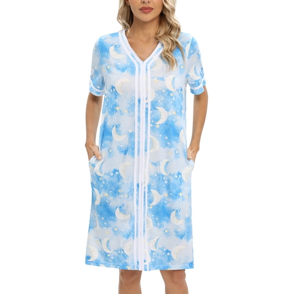 WBQ Women's V Neck Nightgown Printed Short Sleeve Comfy Sleep Nightshirt Pajama Dress With Pocket Blue S-2XL