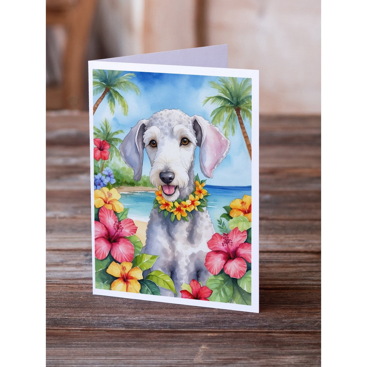 Bedlington Terrier Luau Greeting Cards Pack of 8 7 in x 5 in