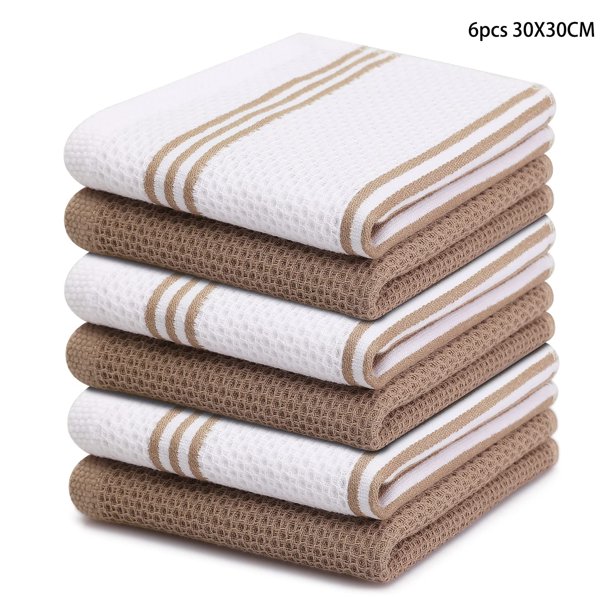 Homaxy, 4/6 Uds., toalla de algodón para cocina, tejido de gofres, toalla de cocina a rayas, paño de cocina absorbente, paños de limpieza para el hogar de secado suaveMarrón Deng Xun unisex