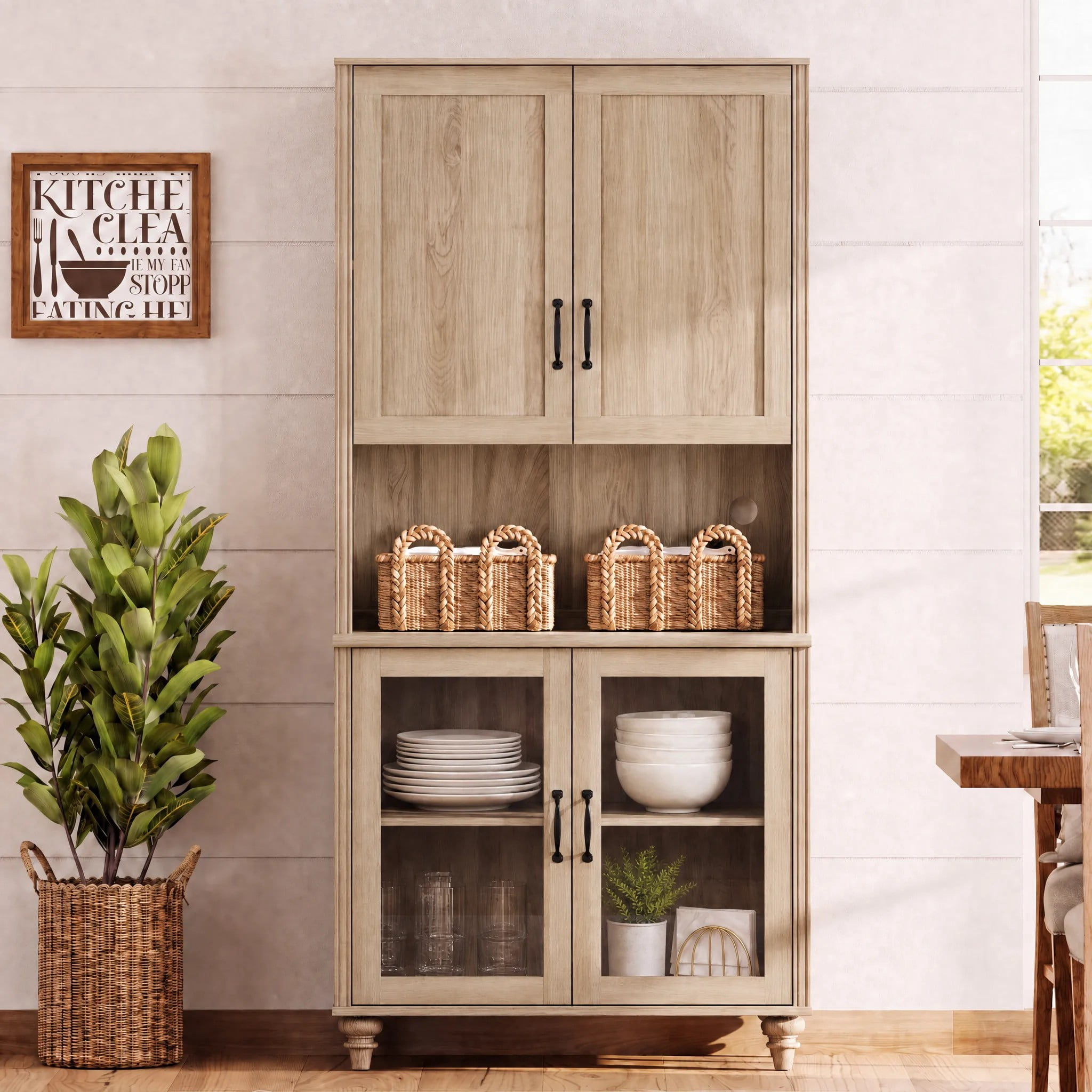 Sideboard Buffet Cabinet with Storage, 5-Tier Bookcase with Adjustable Shelf, Farmhouse Library Wooden Bookshelves for Living Room, Office, Study Room, Oak, 72" H