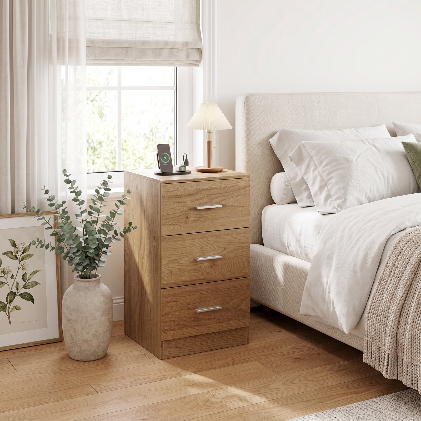 Furnibear Nightstand with Charging Station End Table with 3 Storage Drawers Bedside Table for Bedroom for Bedroom Living Room Bedside Sofa, Natural