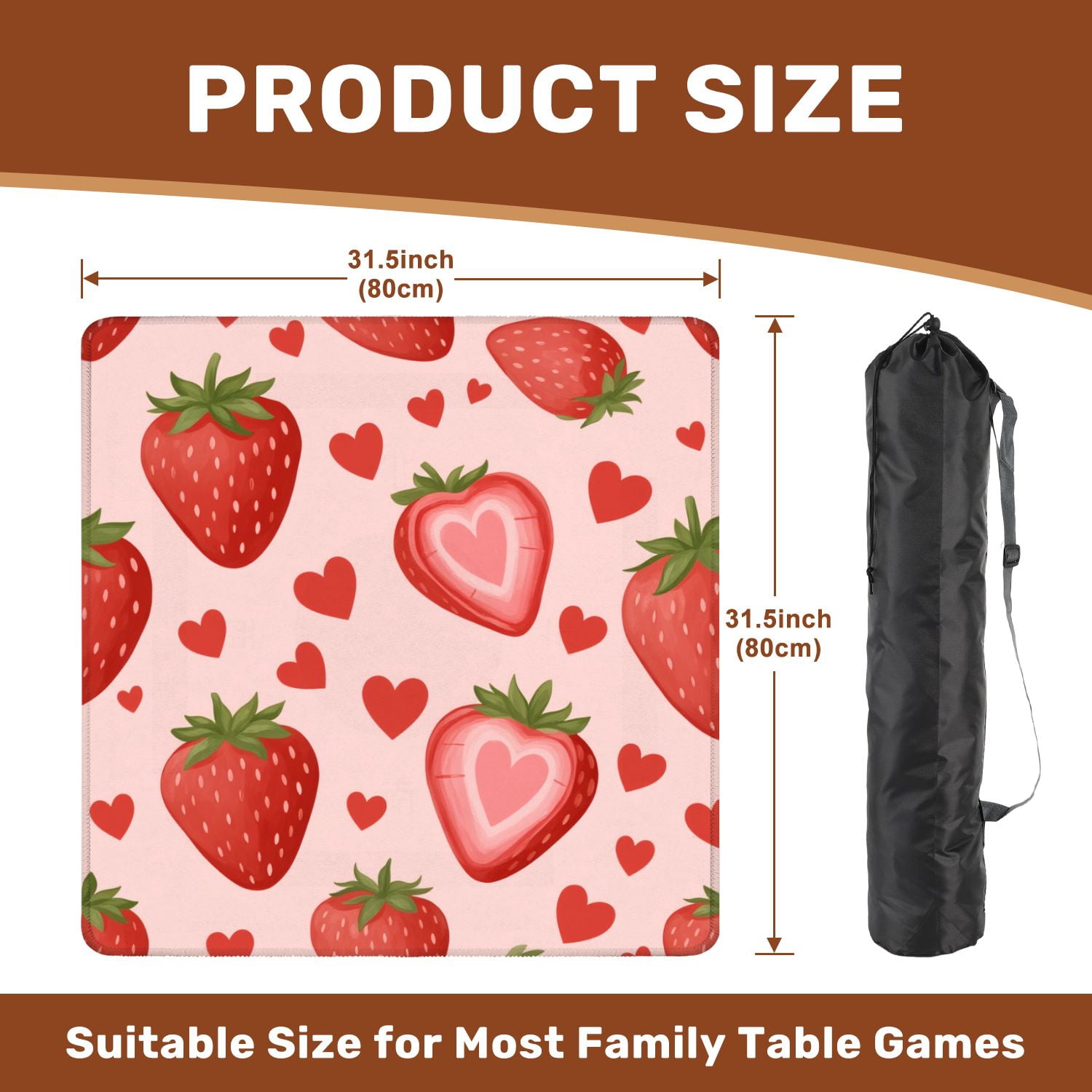 Mahjong Mat 31.5" x 31.5" Strawberry Heart Pastel Pink Non-Slip Noise Reduction American Mahjong Tiles Table Cover for Dominoes Poker Card Board Games Gift