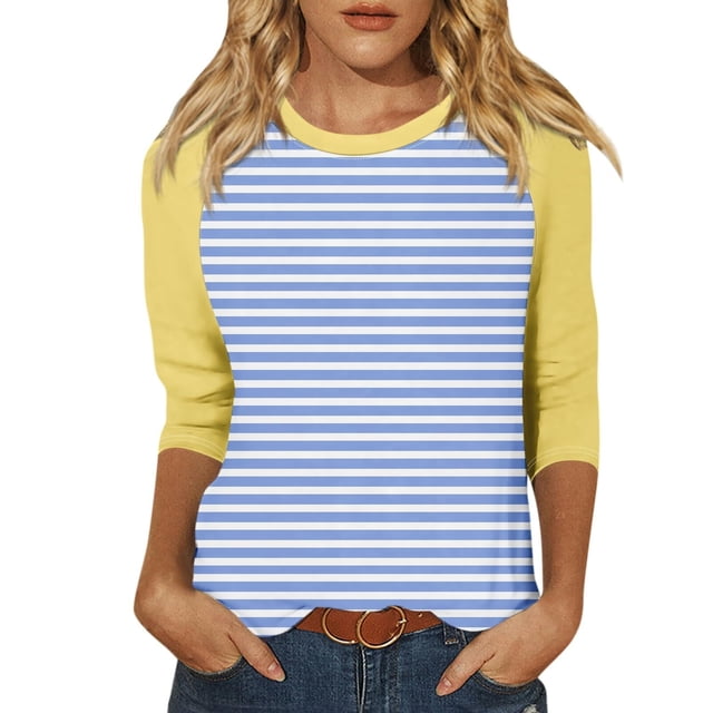 AherBiu Hauts à Manches 3/4 pour Femmes Rayés Tendance Décontracté Pull d'Été Confortable Chemises Amples