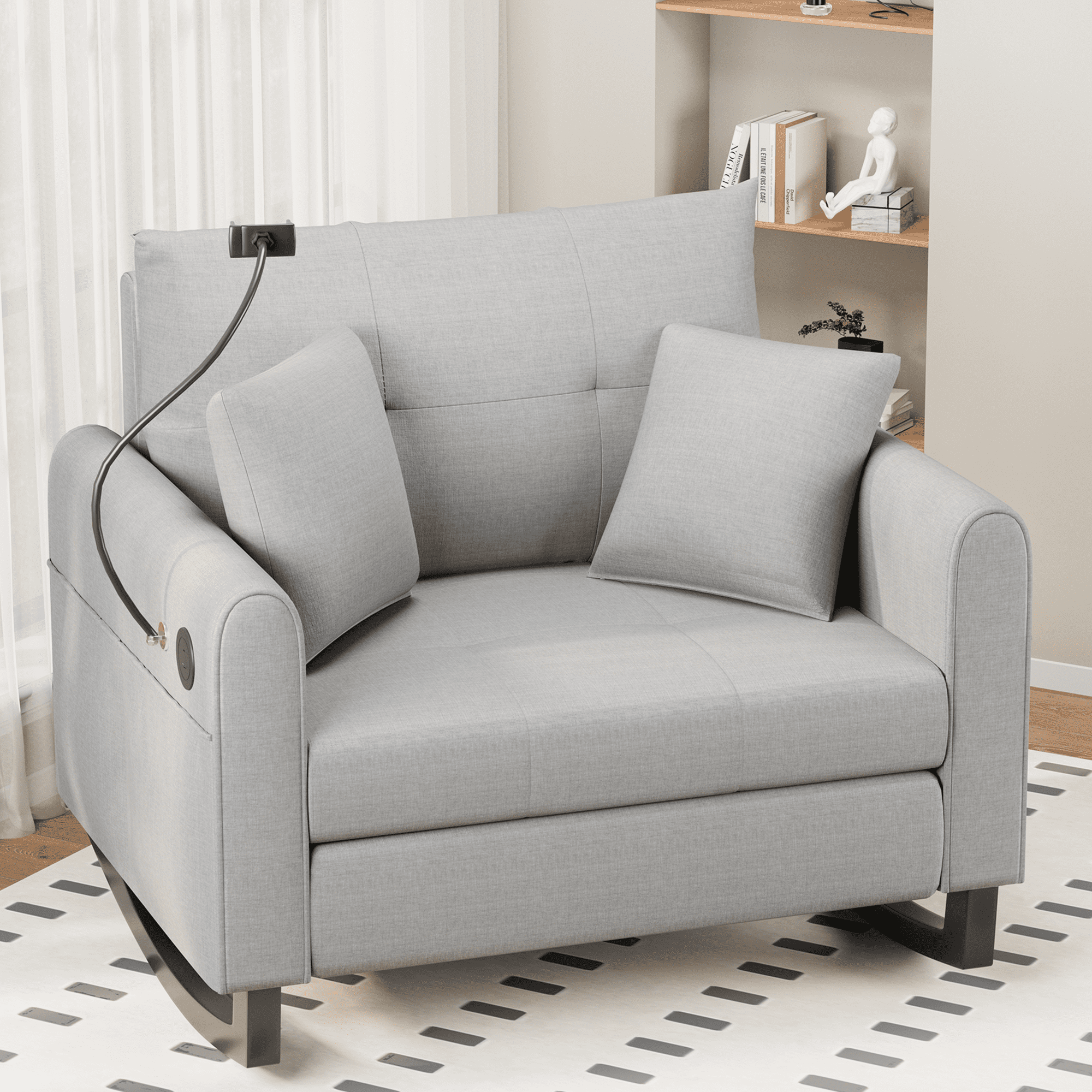Upholstered Nursery Rocking Chair with Adjustable Phone Handle, High Back and Side Pocket USB Port, Double Wide Rocker Glider Chairs with Wood Legs for Living Room, Bedroom, Nursery, Gray