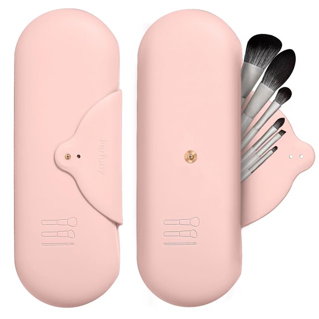Organizador de brochas de maquillaje Perfuny Travel con limpiador de brochas, color rosa