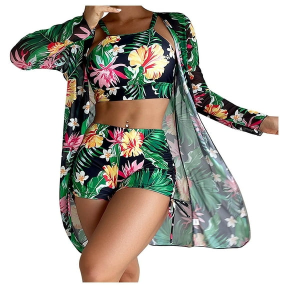 WREESH Womens 3 Piece Swimsuits Board Shorts Bikini Set with Kimono Beach Cover Ups Printed Bikini Straps Bikini Deep V Split Swimsuit Set Swimsuit Set Bathing Suit Black