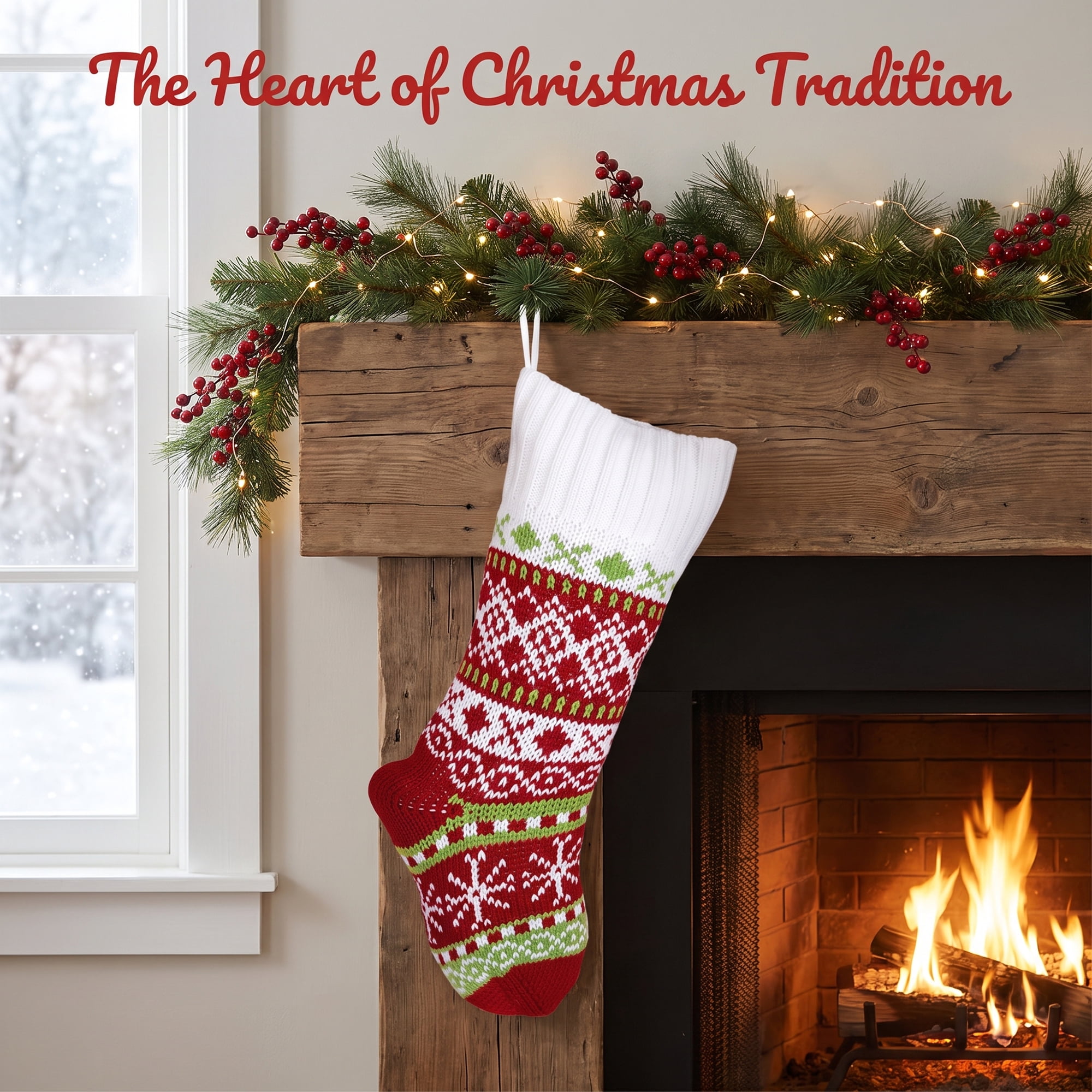 Unique Bargains Holiday Christmas Double Layer Knitted Motif Stocking Red 20"