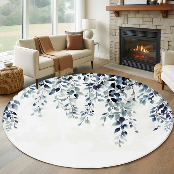Round Rug 7Ft Washable Non-Slip, Blue Teal Eucalyptus Circle Area Rugs for Living Room Bedroom, Weeping Botanical Leaf Watercolor Indoor Floor Mats Carpet Runner for Home Decor Aesthetic