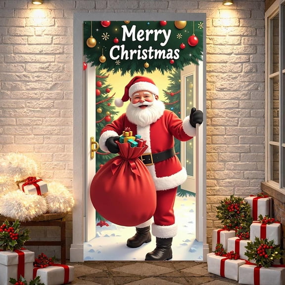 Santa Claus Theme Christmas Banner Red Santa Banner Colorful Gifts Christmas Tree Holiday Banner for Christmas Party Indoor Event Xmas Celebration