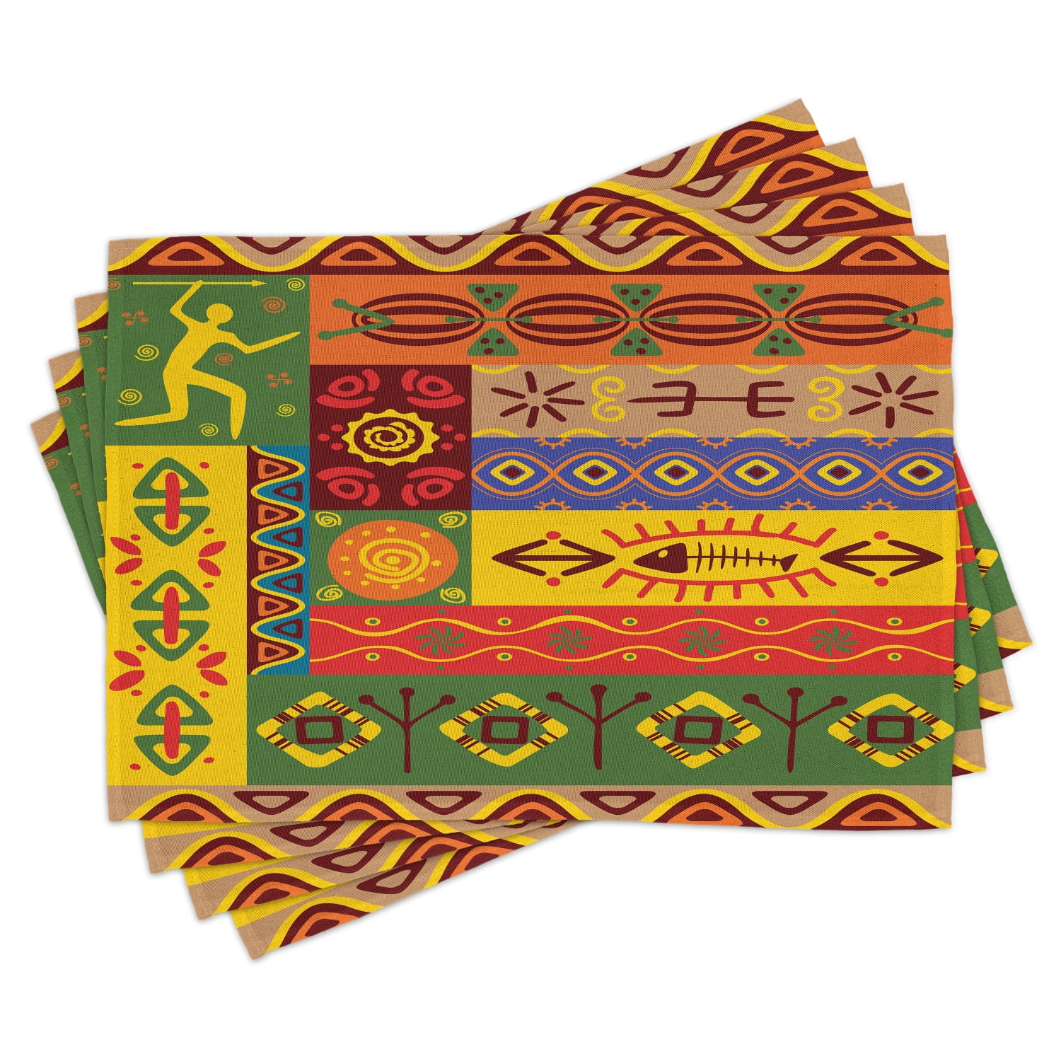 African Placemats Set of 4 Abstract Ethnic West African Tribal Folk Art Forms with Unique