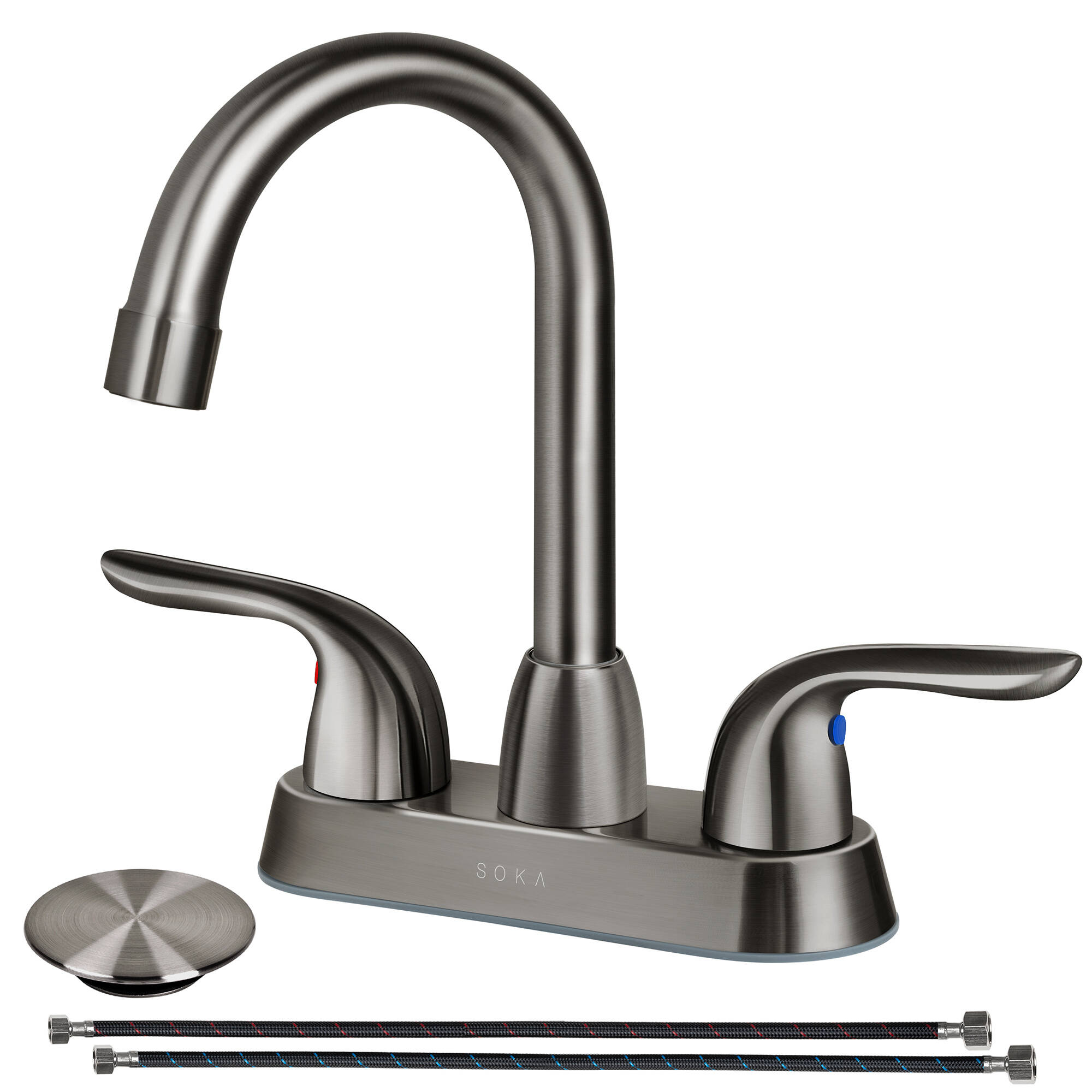 SOKA Two Handles Centerset Bathroom Faucet for Sink High Arc Stainless
