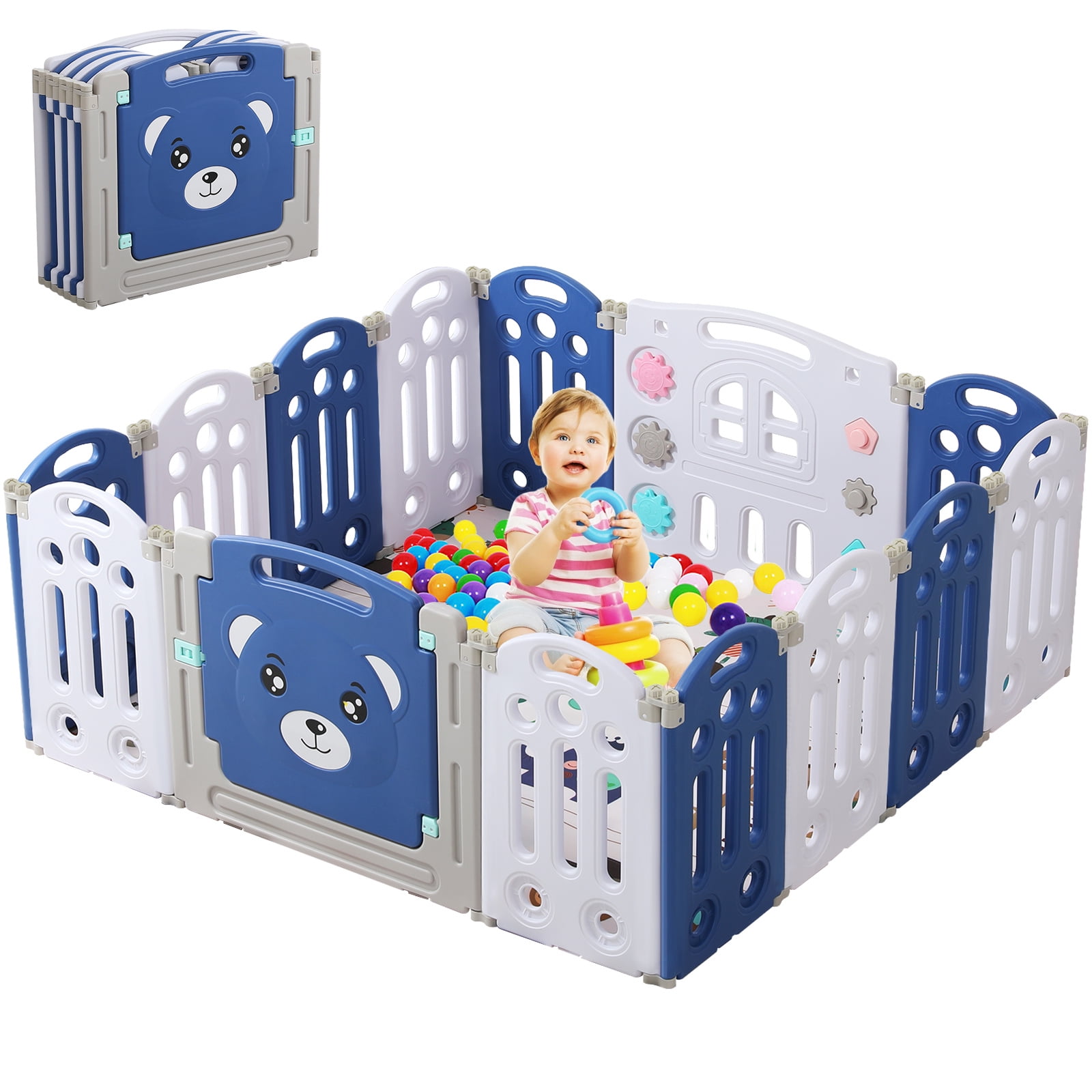 Amictoy Foldable Kids Activity Centre Toddler Safety Play Yard Fence Gate Home Indoor Outdoor（14 Panel） Blue Baby Playpen 