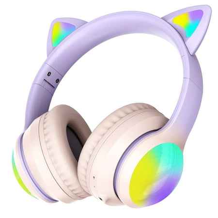 Kid Odyssey Kids Bluetooth Headphones Cat Over Ear with 85dB/94dB Volume Limited, LED Light Up Wireless Headphones, Built-in Mic Headphones for School Airplane,Pink Blue