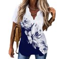 thumbnail image 1 of Mujeres V Cuello Top Manga Corta Suelta Hermosa Impresión Casual Verano Camisetas Azul Marino Flores L, 1 of 5