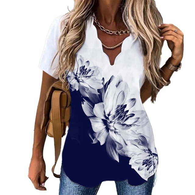 Mujeres V Cuello Top Manga Corta Suelta Hermosa Impresión Casual Verano Camisetas Azul Marino Flores L