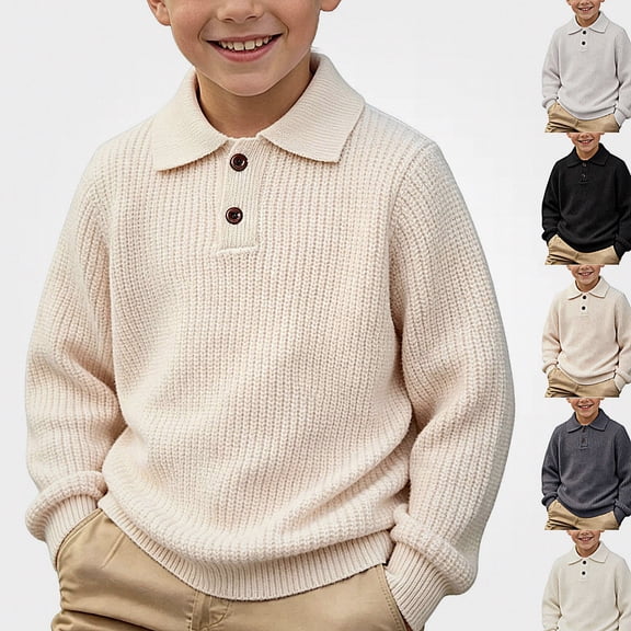 Afuyipoi Boys Collegiate Style Collar Knit Pullover Sweater for Kids Size 7-15Y Fall Spring Casual Wear Beige Size 9