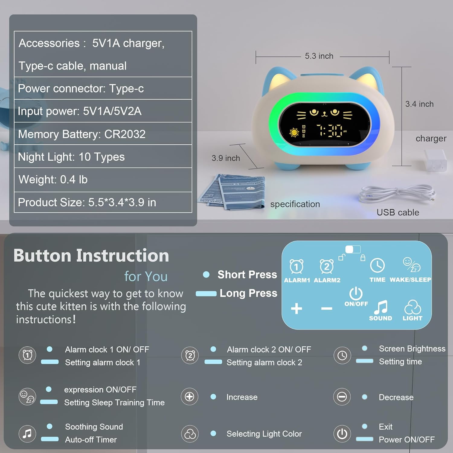 Sailstar Kids Alarm Clock with Night Light, 10 Colors, 3-Level Dimmable, Snooze Mode, Sleep Training Clock with Sound Machine for Toddler Bedroom