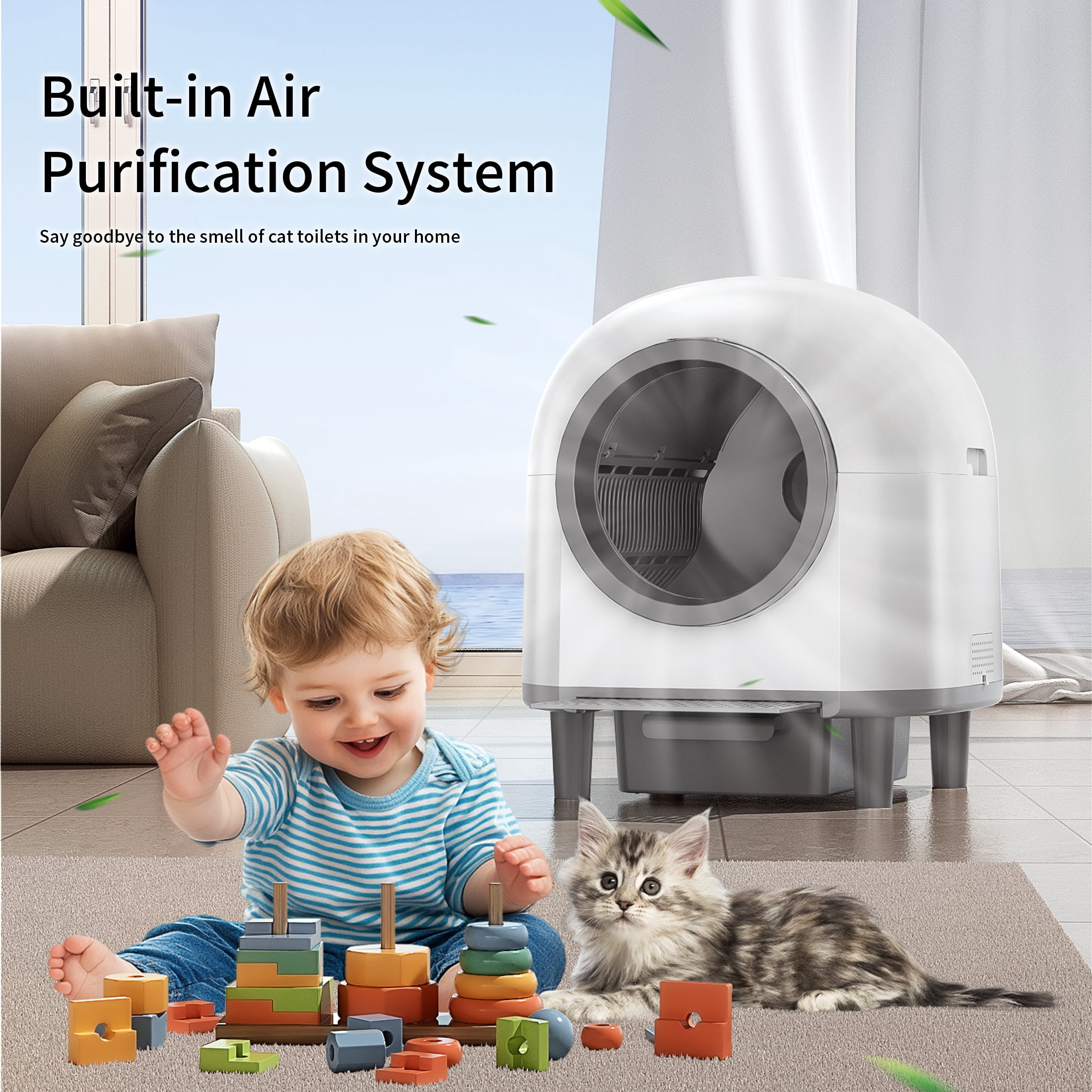 CATLK Automatic Self-Cleaning Cat Litter Box, 100L Cat Litter Box for Multiple Cats, Safety Sensor, WiFi APP Control, White
