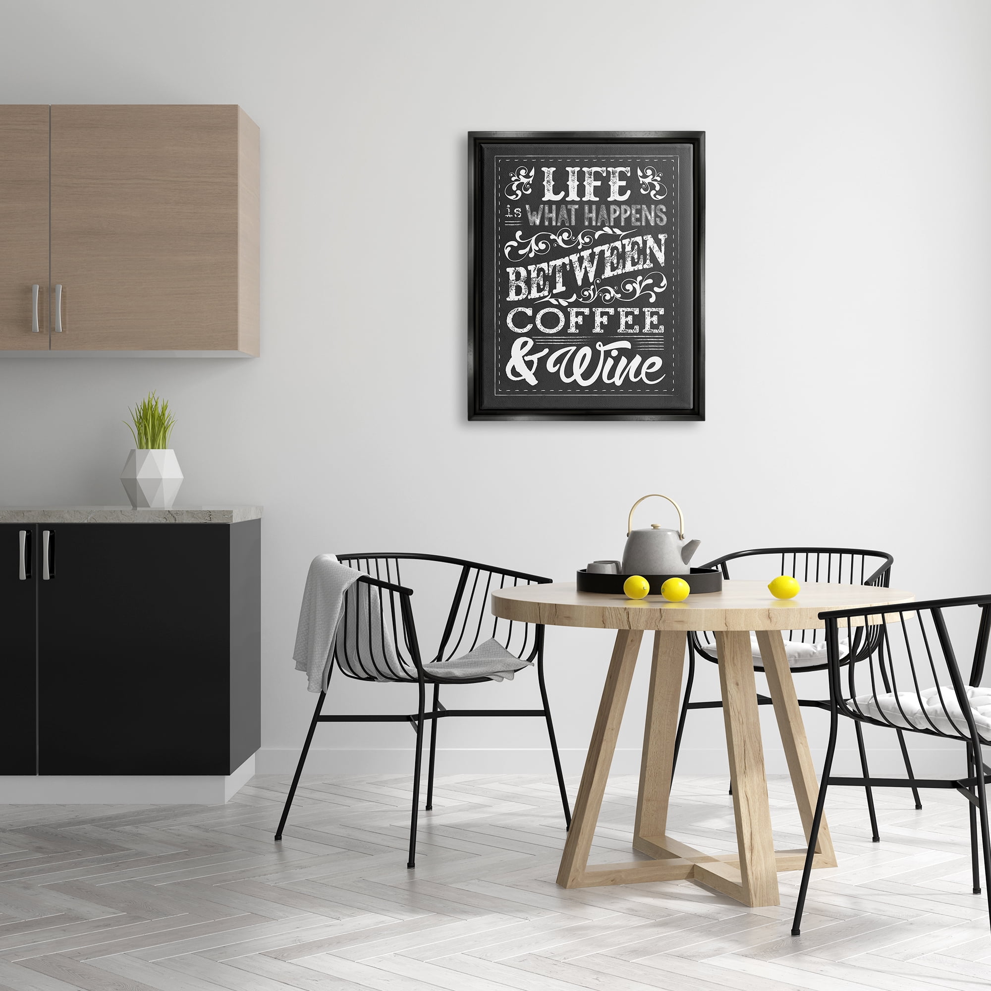 Stupell Industries Life, Between Coffee and Wine Chalk Jet Black Framed Floating Canvas Wall Art, 24x30, by Melody Hogan