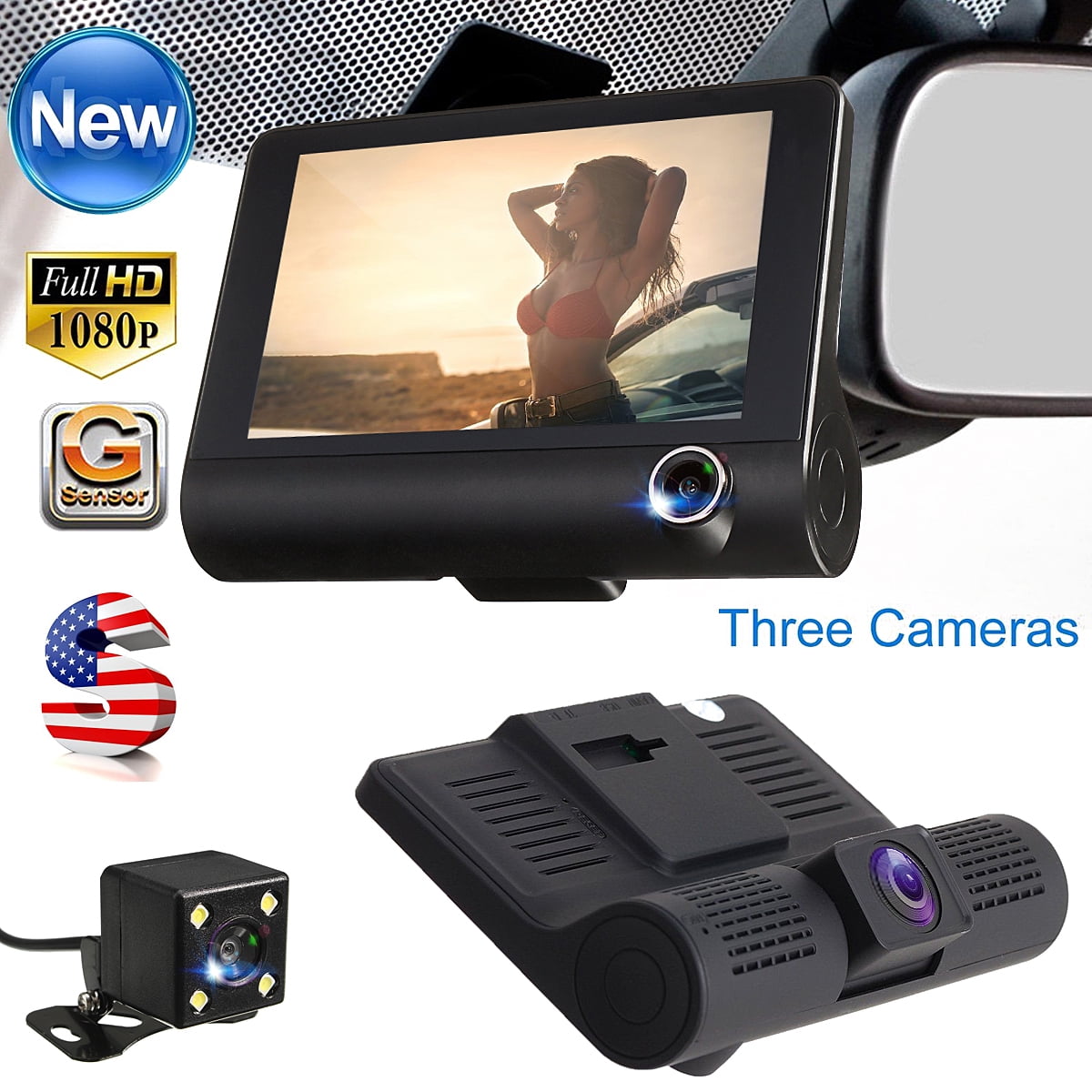 Three Lens Dash Camera for Cars, 4'' Dash Cam FHD 1080P Car Vehicle
