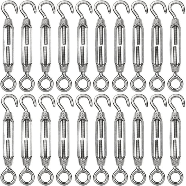 PinesC 20PCS Turnbuckle Wire Tensioner M4 Heavy Duty 304 Hook & Eye Rope Cable Tension Set Adjustable Garden Wire Tensioner Kit for Clothesline Railing Decking Plants Fence - Silver Silver