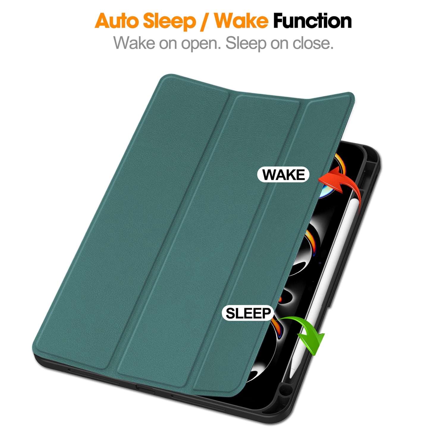 SaniMore for Apple iPad Pro 13 (2024) Case, Auto Sleep/Wake, PU Leather Case with Tri-Fold Kickstand & Pencil Holder Shockproof Protective Cover for Women Men, Darkgreen