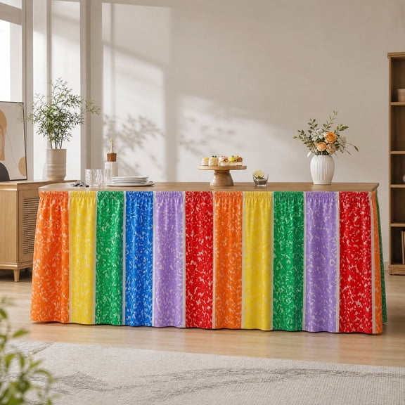 Rainbow Striped Table Skirt, Wrinkle Resistant Decorative Table Skirt with Ruffle Header, Colorful Table Cover, for Party, Banquet, Home Decor