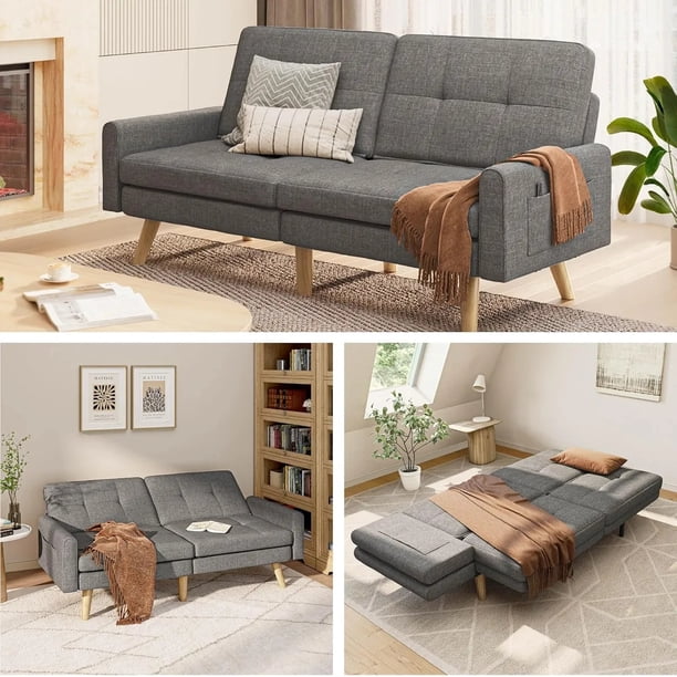 180 cm Sofá Cama Moderno, Futón con Respaldo Ajustable, Reposabrazos Extraíble para Mayor Longitud, 6 Patas de Madera, 2 Barras de Soporte de Metal, Sala de Estar, Gris Oscuro