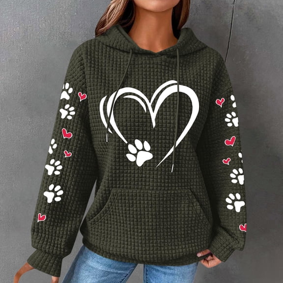 Qulqfy Womens Graphic Tops Trendy Green Waffle Knit Heart Hooded Shirts Spring Long Sleeve Fall Shirts Going Out Tops for Women L