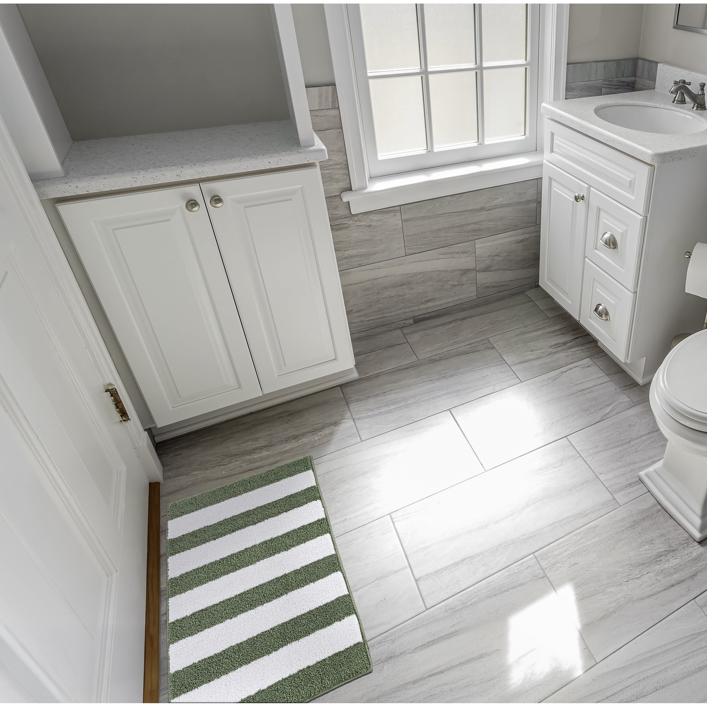 Garland Rug Beach Stripe Washable Deep Fern/White Bathroom Rug, 21" x 34"