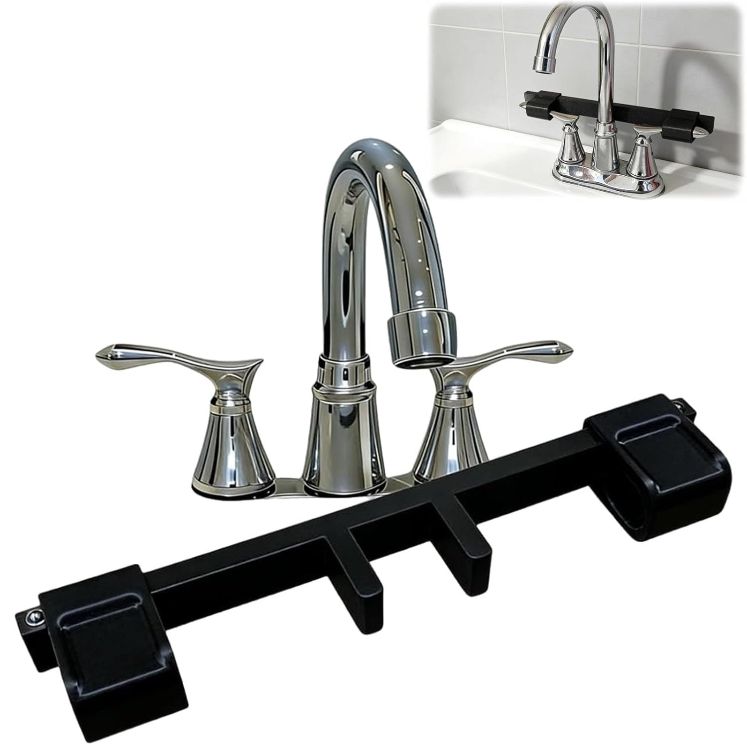 Universal Faucet Handle Lock for Double Sinks, Child & Pet Safety Sink Faucet Guard with Central Pipe Fixation & Anti-Drop Columns(RL Black 1 PC)
