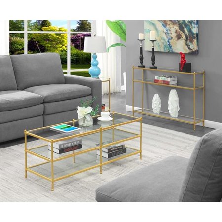 Pemberly Row Three-Tier Gold Metal Coffee Table With Clear Glass Shelves