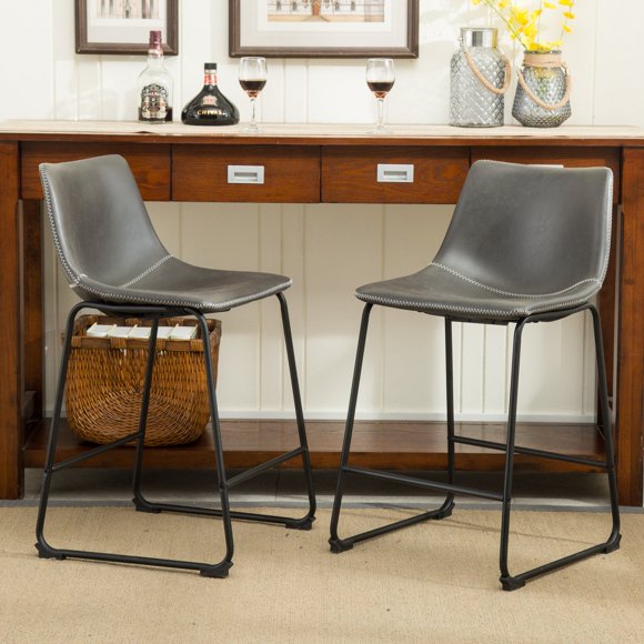 Roundhill Furniture Lotusville Vintage PU Leather Counter Height Stools, Antique Gray, Set of 2