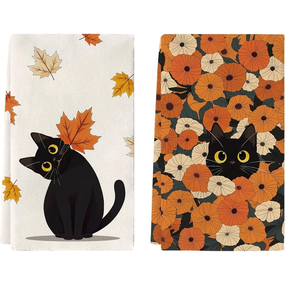 Fall Cat Kitchen Towels Set of 2, Fall Cat Maple Leaves Hand Towels Decor for Farmhouse Kitchen Bathroom Home 26x18 inch