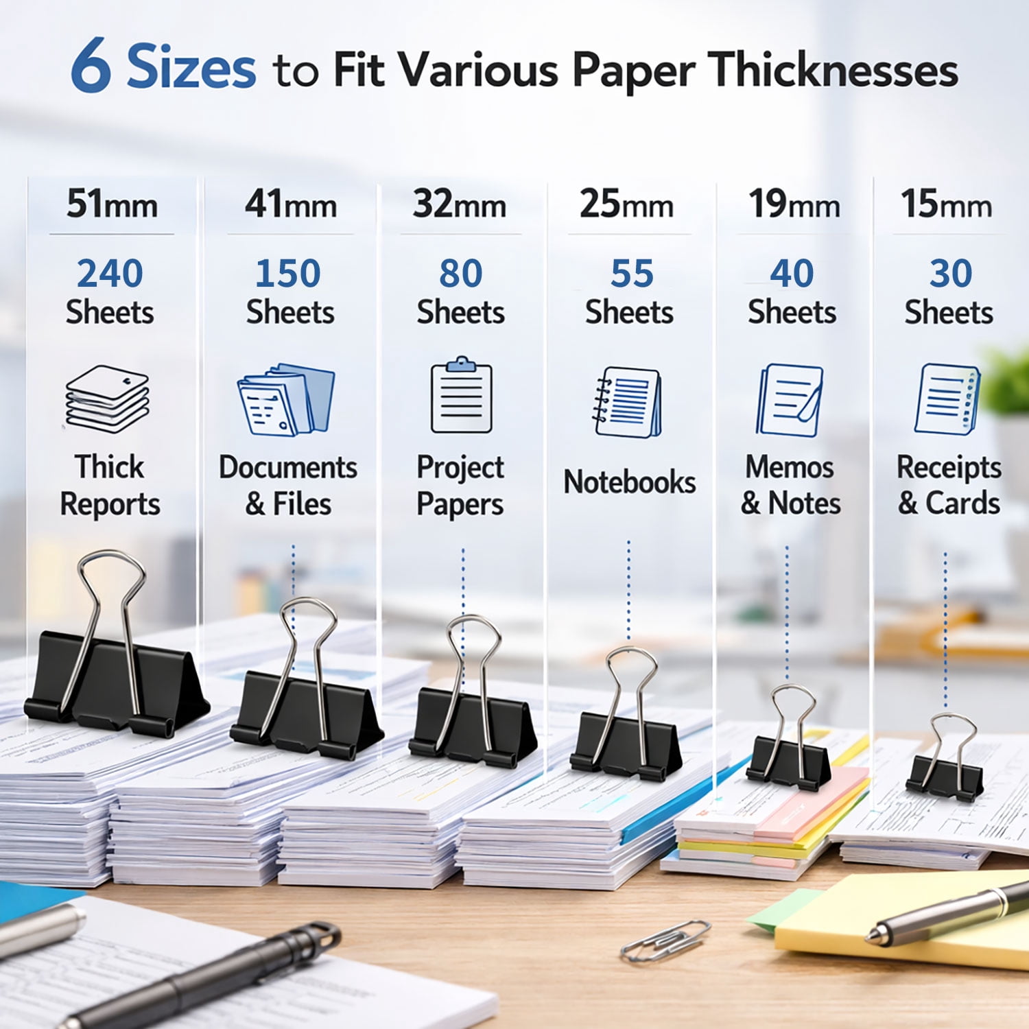 Minorsun Binder Clips 208 PCS Paper Clamps Assorted Sizes, Metal Paper Binder Clips Office Supplies, Black