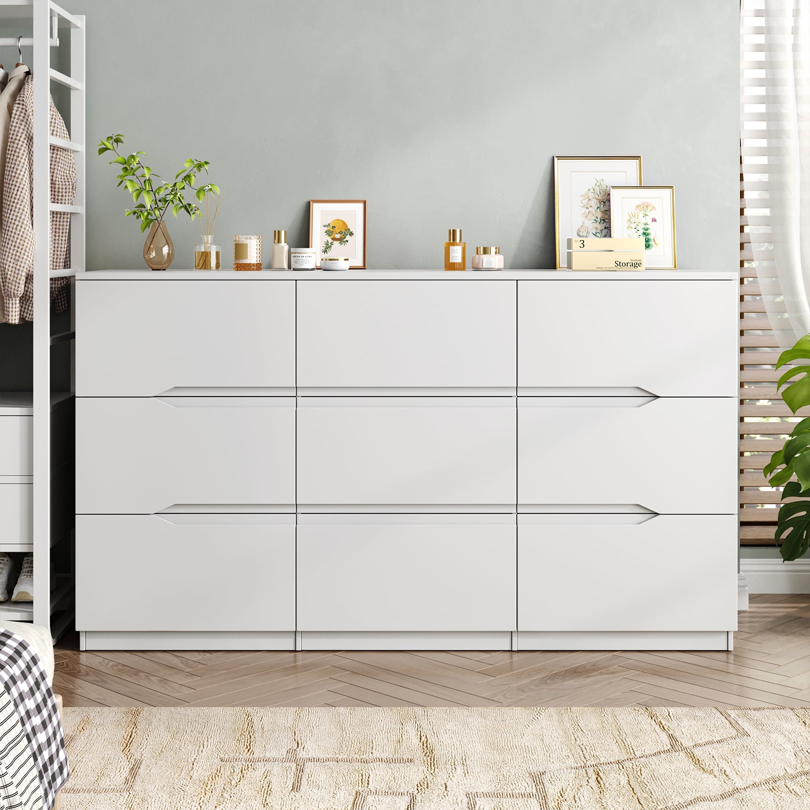 60.3 Inch Wide Modern White 9-Drawer Dresser, Spacious Storage Chest for Bedroom
