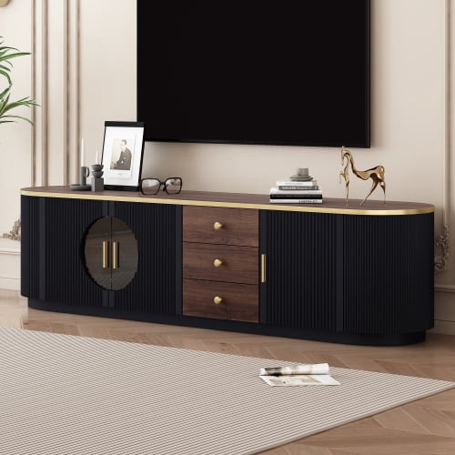 70.8 Inch Modern Minimalist TV Stand for TVs up to 80 Inches, Wood Grain Entertainment Center with 2 Glass Door Cabinets, 3 Drawers and Interior Shelf, Black