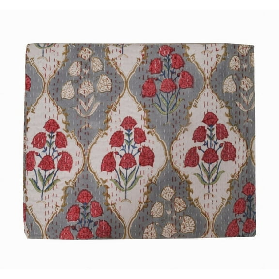 Indian Kantha Quilt Block Printed Kantha Blanket Cotton Kantha Bedspread Handmade Kantha Coverlet Throw Twin Size Kantha Bedcover